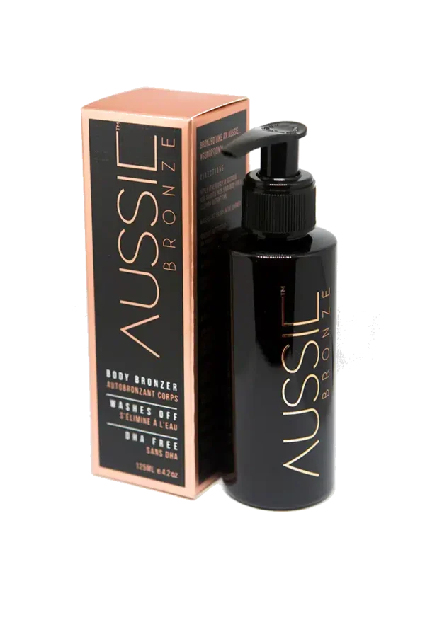 En flaske Aussie Bronze - Instant tanning 125ml bodylotion ved siden af en æske, der fremmer helbred og velvære.