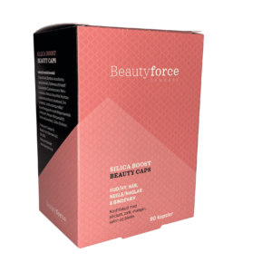 En pink æske fyldt med Hud, hår, negle og bindevæv - Beauty Force - Silica Beauty Boost Kapsler 90stk beauty force.