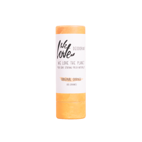 Beskrivelse: En Økologisk deodorantstift - Original Orange 65g med ordene 'ingen kærlighed' på den.